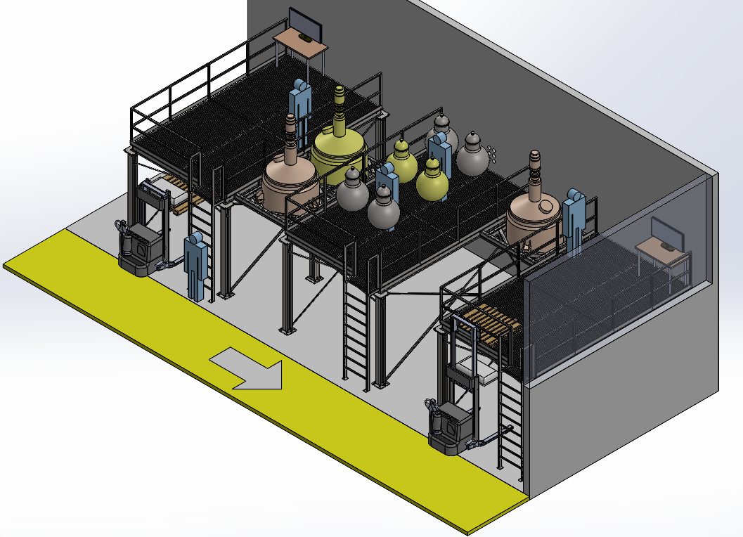 Isometric cutaway of the reactor hall: elevated steel platforms carrying the reactors, with forklift access and raw-material storage on the clear underside.