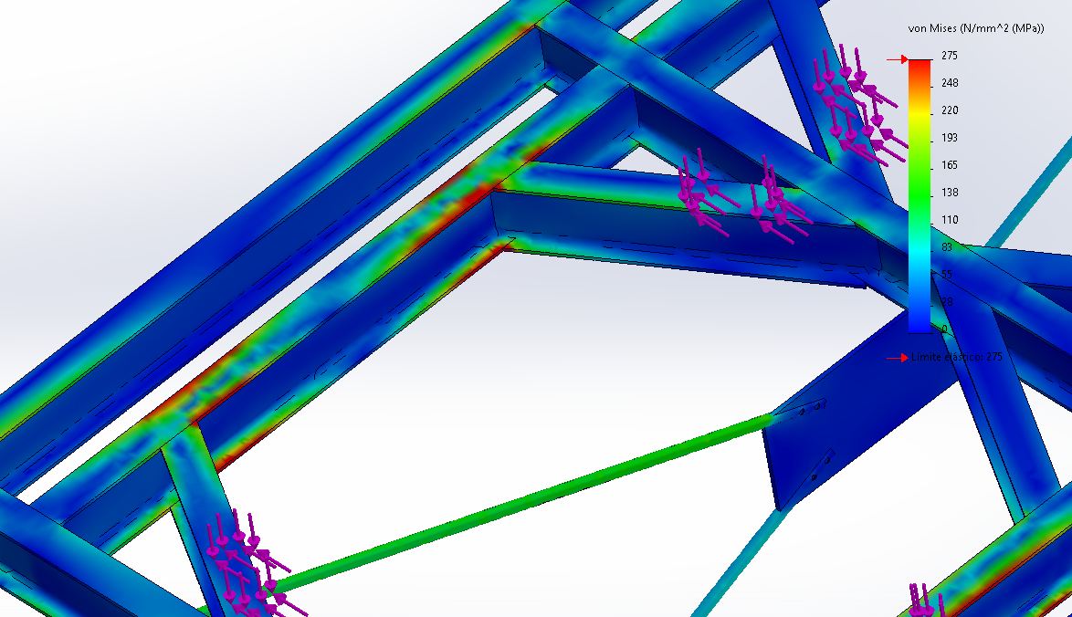 Stress concentration in the longitudinal support beams.