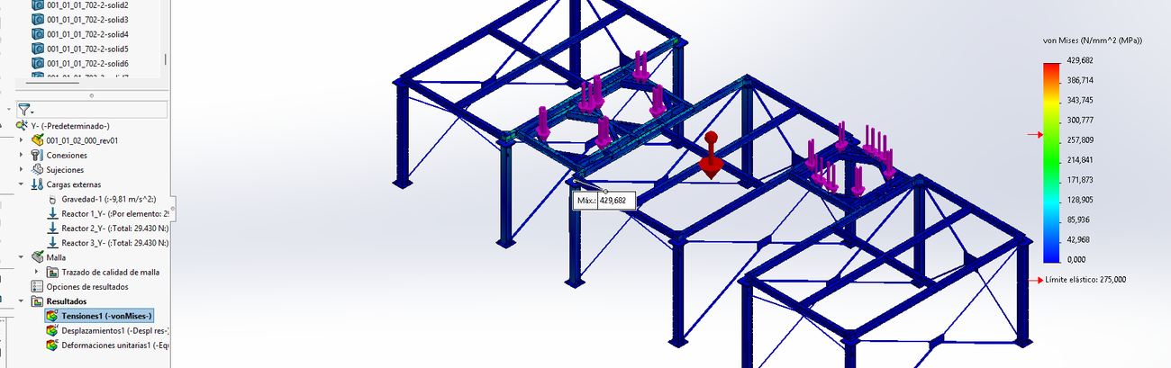 Gravity load case, von Mises stress, overall model.