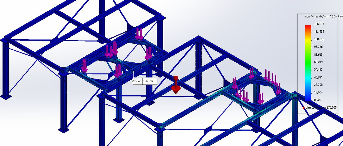 Gravity load case, von Mises stress, overall model.