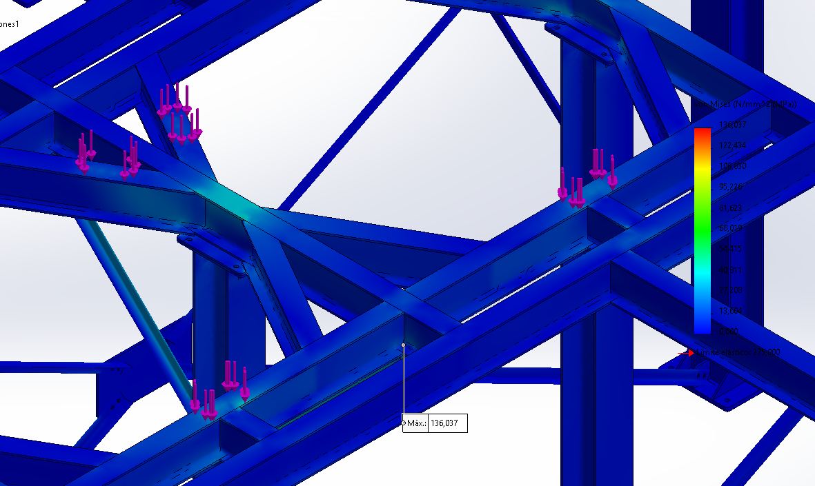 Gravity load case, von Mises stress on reactor support frames.