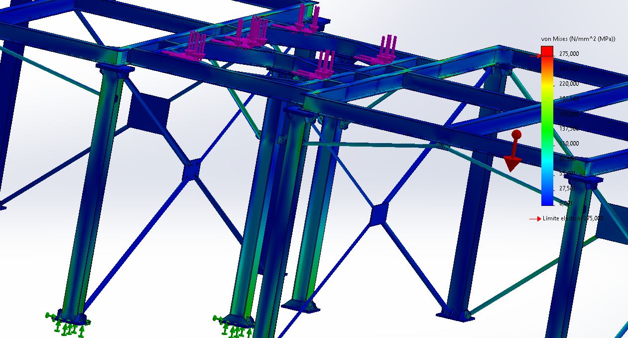 G+X von Mises stress concentrating at the discharge column bases.
