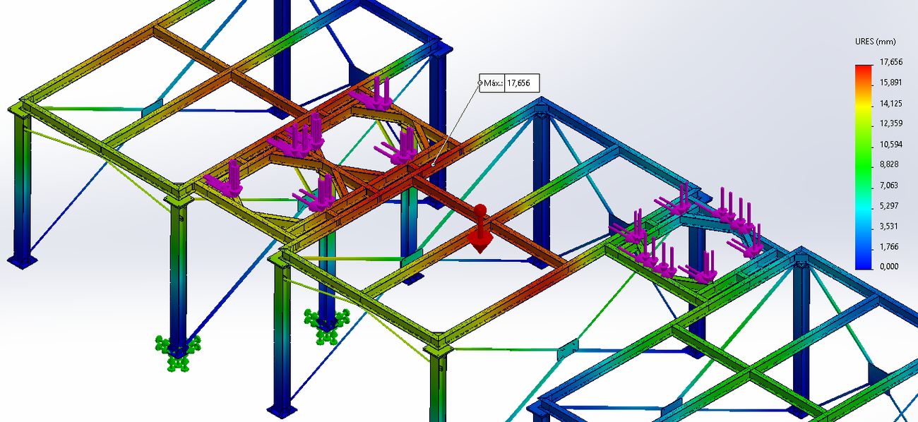 G+X resultant displacement, 17 mm on the deck beam.